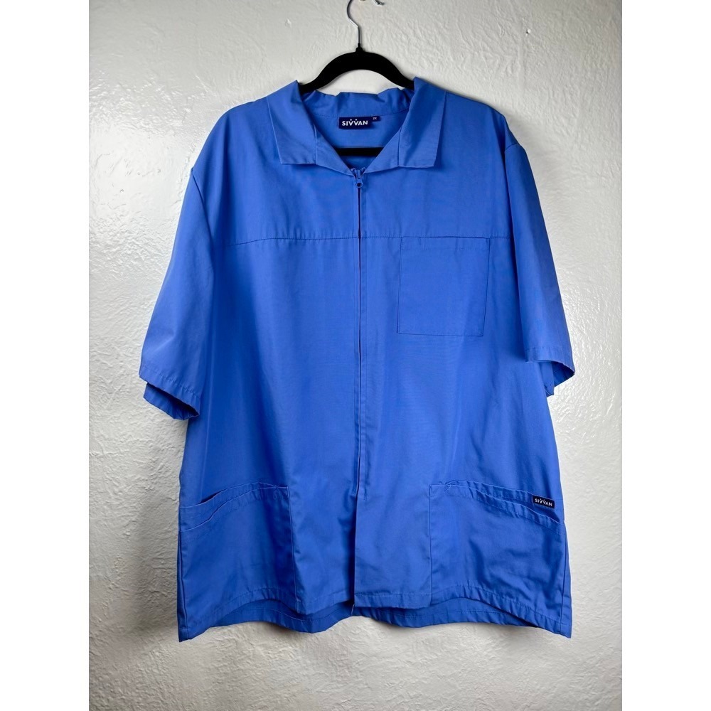 Sivvan Blue Zip‎ Front Short Sleeve Scrub Jacket Size 2X Caregiver Nurse Medical